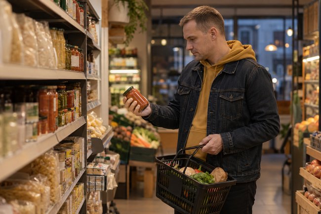 Мужчина в небольшом продуктовом магазине выбирает простую еду на ближайший вечер как маленькое действие поддержки при грусти.