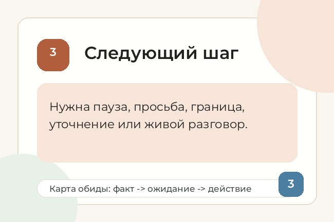 Слайд с текстом: «3. Следующий шаг. Нужна пауза, просьба, граница, уточнение или живой разговор».