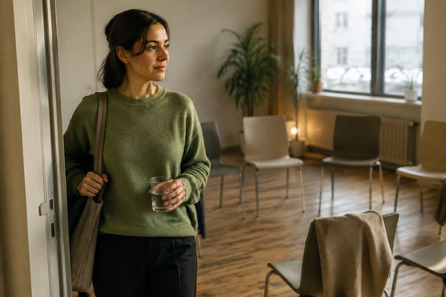 Человек у входа в светлую комнату перед небольшой групповой встречей.