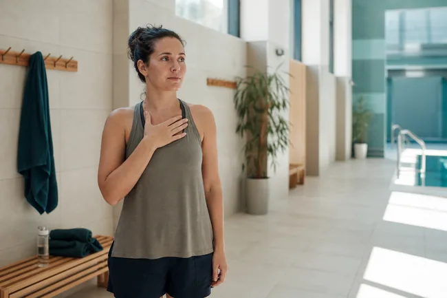 Человек в светлом wellness-коридоре спокойно замечает напряжение в груди и сохраняет устойчивую позу.